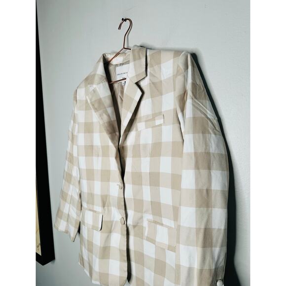 ENGLISH FACTORY Tan Gingham Print Oversized  Front Button Blazer Size Small - Picture 6 of 12